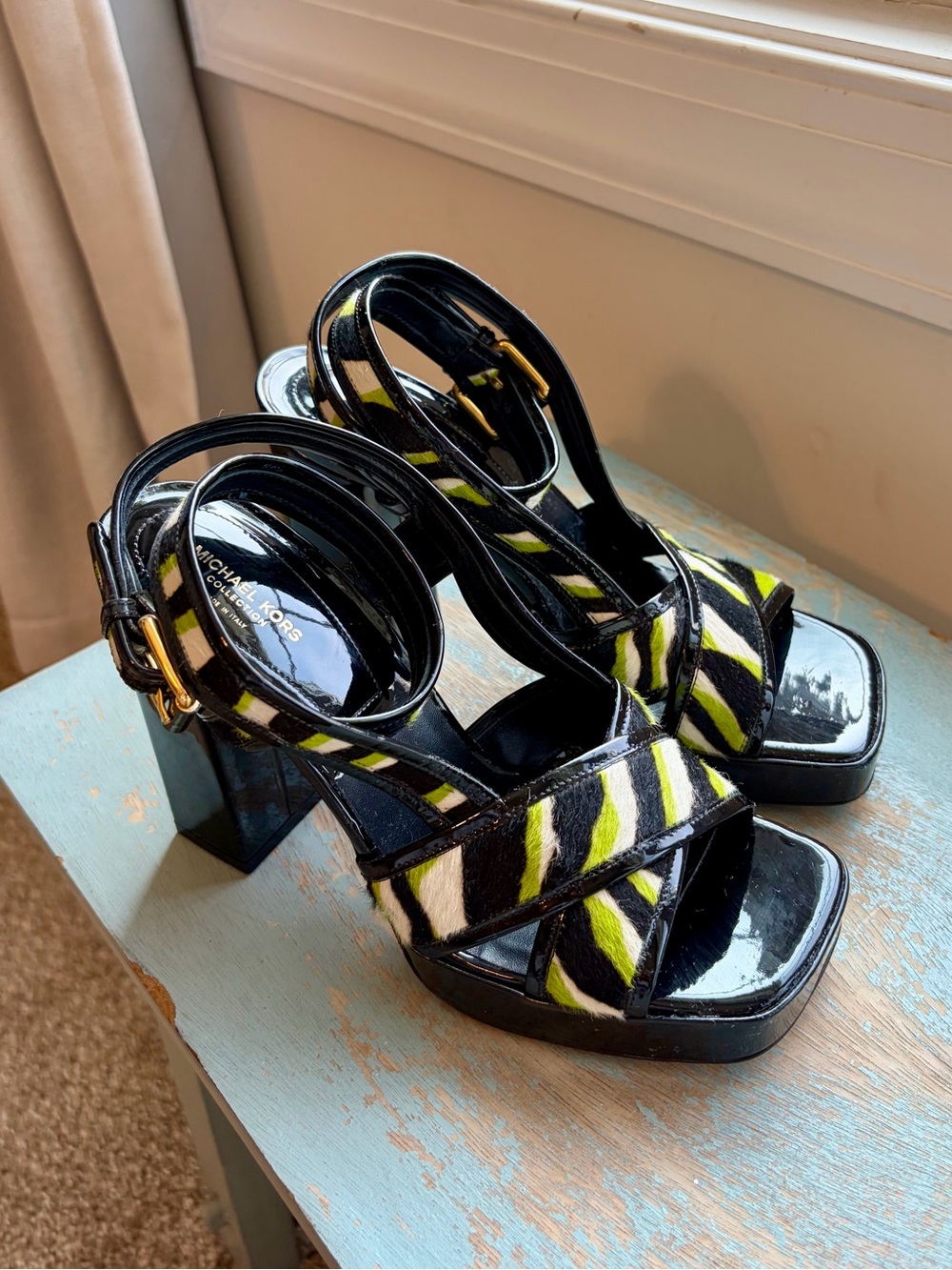 Michael Kors Collection Black Platform Sandals with Lime Zebra Print